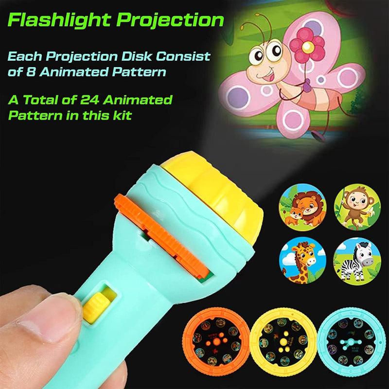 Toy flashlight with projection disks and animated patterns on a dark background