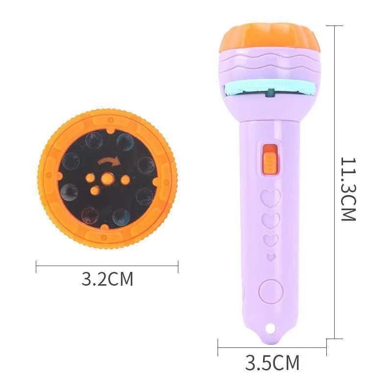 Purple toy flashlight with orange accents and measurements on a white background