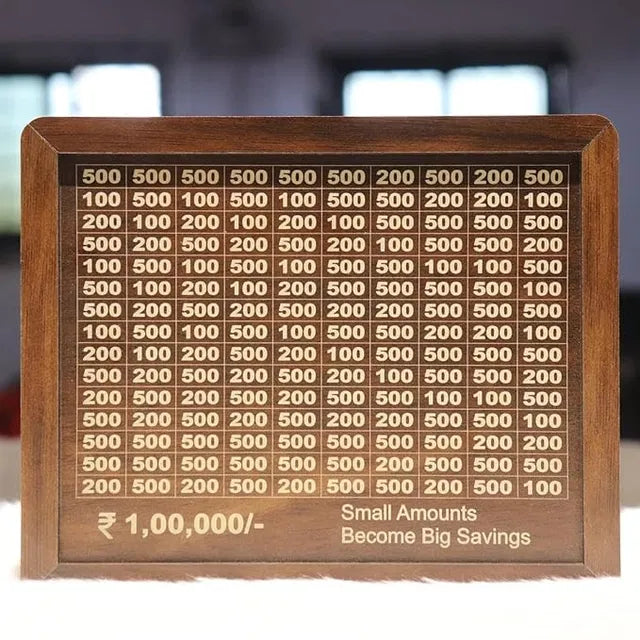 Wooden board with engraved numbers and text on a blurred background