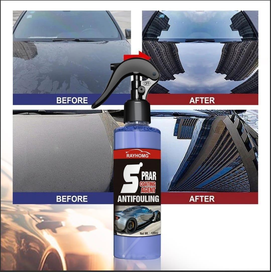 Car windshield before and after using a coating agent with a bottle of Rayhom PRAR Coating Agent displayed.