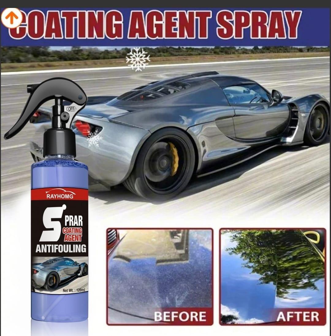 Car coating agent spray bottle with before and after effects on a car.
