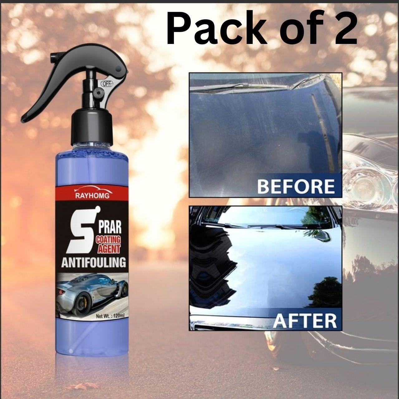 Spray bottle with car coating agent packaging, showing 'Before' and 'After' effects on a car's surface.