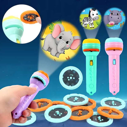 Colorful toy microphone with animal projection on a blue background