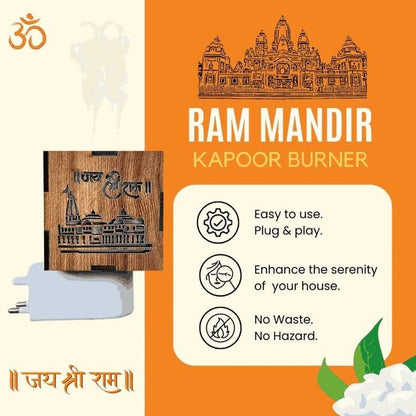 Advertisement for Ram Mandir Kapoor Burner with product and features on an orange background