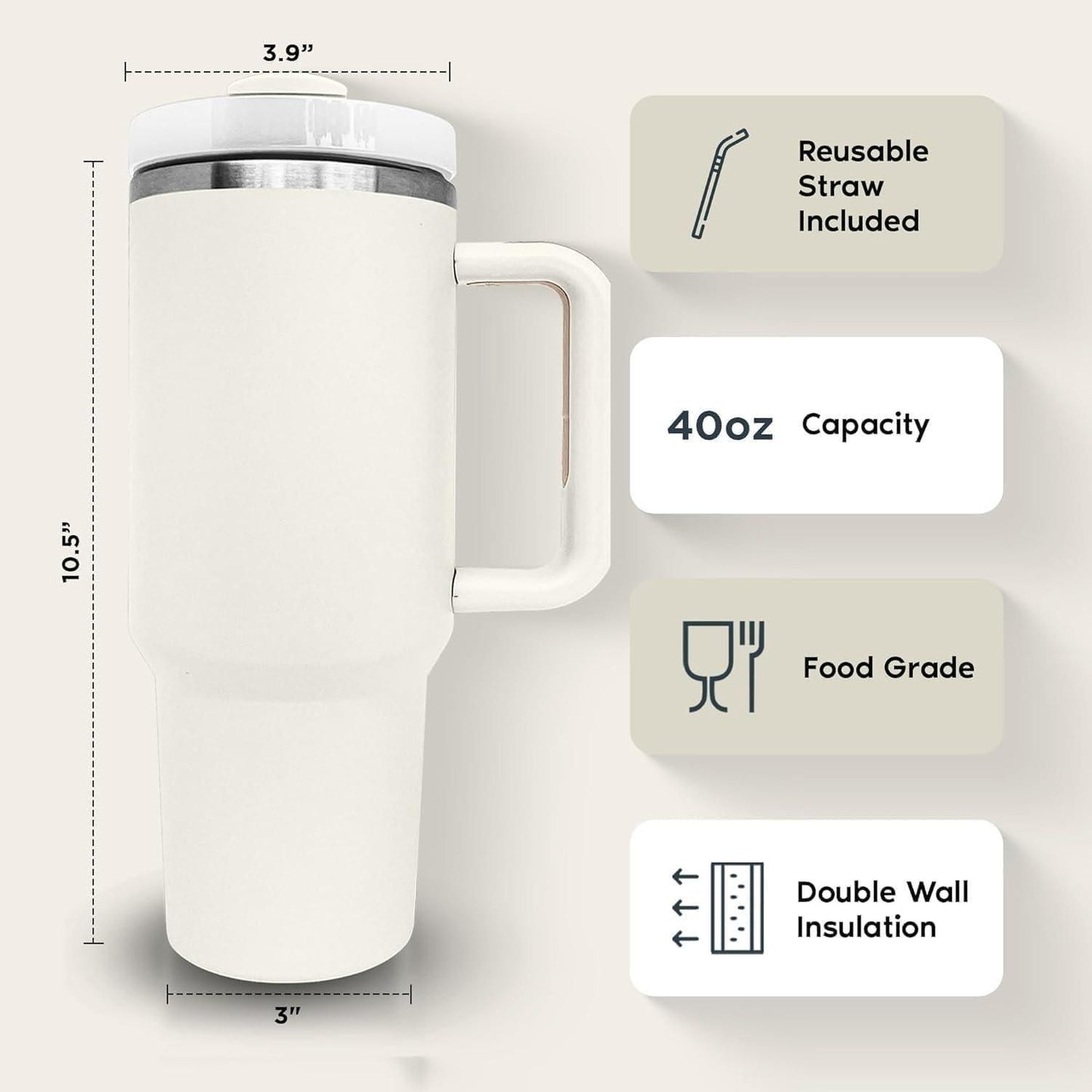 White travel mug with dimensions, features, and capacity details on a light gray background