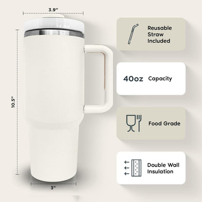 White travel mug with dimensions, features, and capacity details on a light gray background