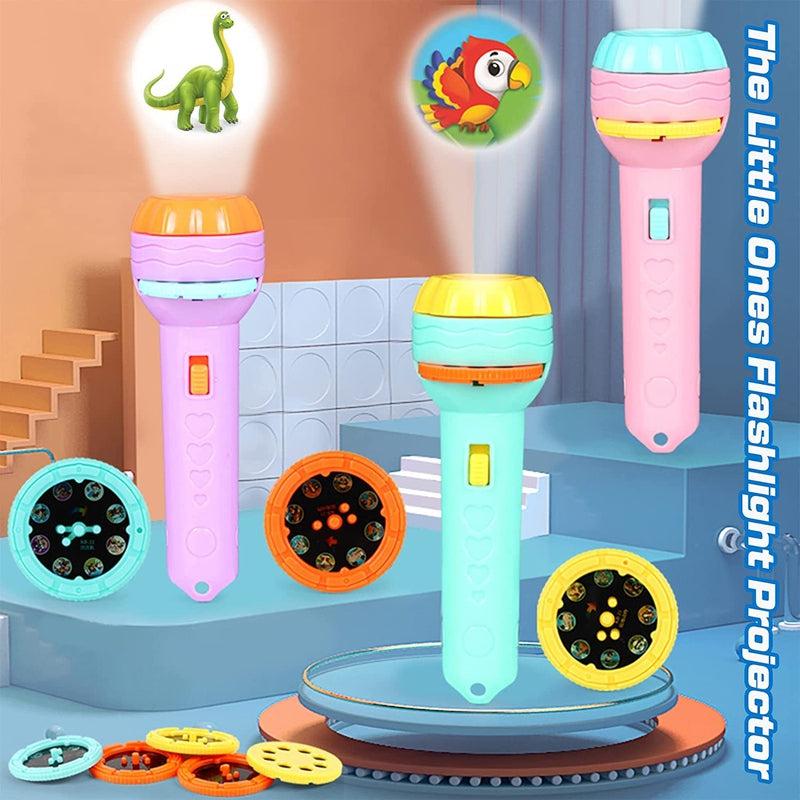 Colorful toy microphones with projector attachments on a stand, featuring cartoon characters.