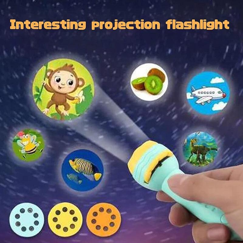 Projection flashlight with various themed lenses on a dark background