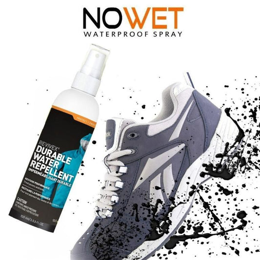 Revivex Durable Water Repellent spray bottle with a gray and white shoe on a white background with black splashes.
