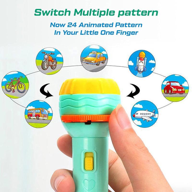 Toy flashlight with animated pattern display held by a hand, showing various patterns.