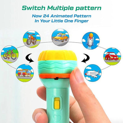 Toy flashlight with animated pattern display held by a hand, showing various patterns.