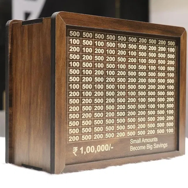 Wooden savings tracker with numbers and text on a white background